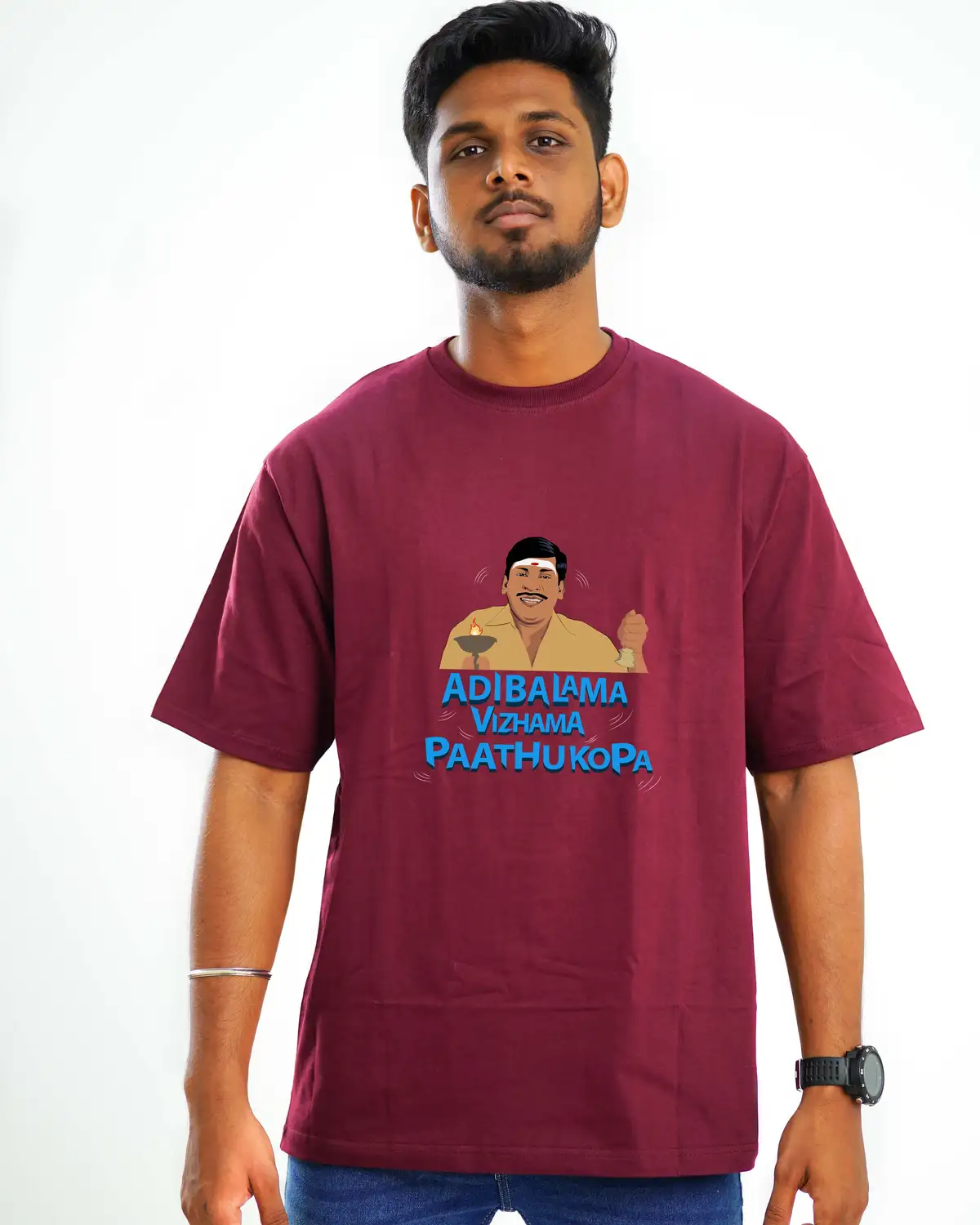 Poshemodetees-Male-Adi balama vizhama pathuko-Maroon-Oversized-1